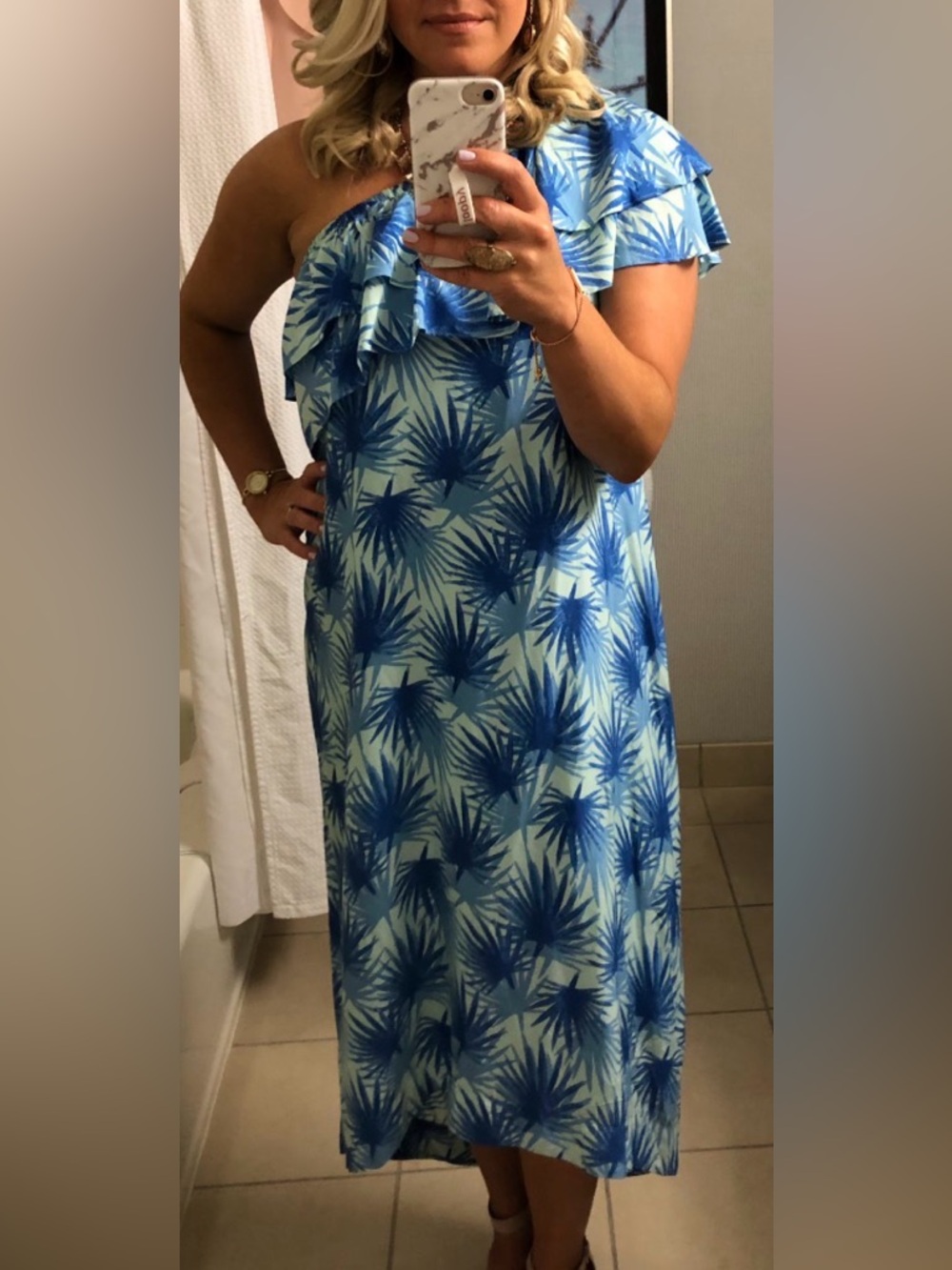 Vineyard Vines Blue Palm Print Off-Shoulder Dress